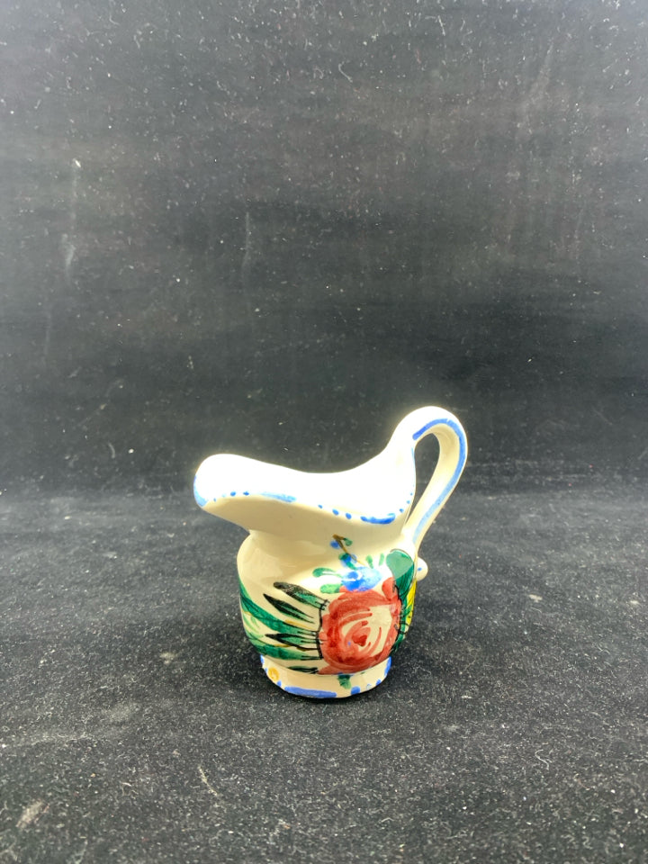 SMALL VTG PITCHER CREAMER-BLUE W/ RED ROSE.