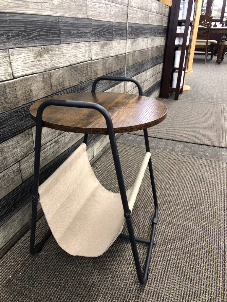 FAUX WOOD TOP, BOTTOM FABRIC SHELF SIDE TABLE.