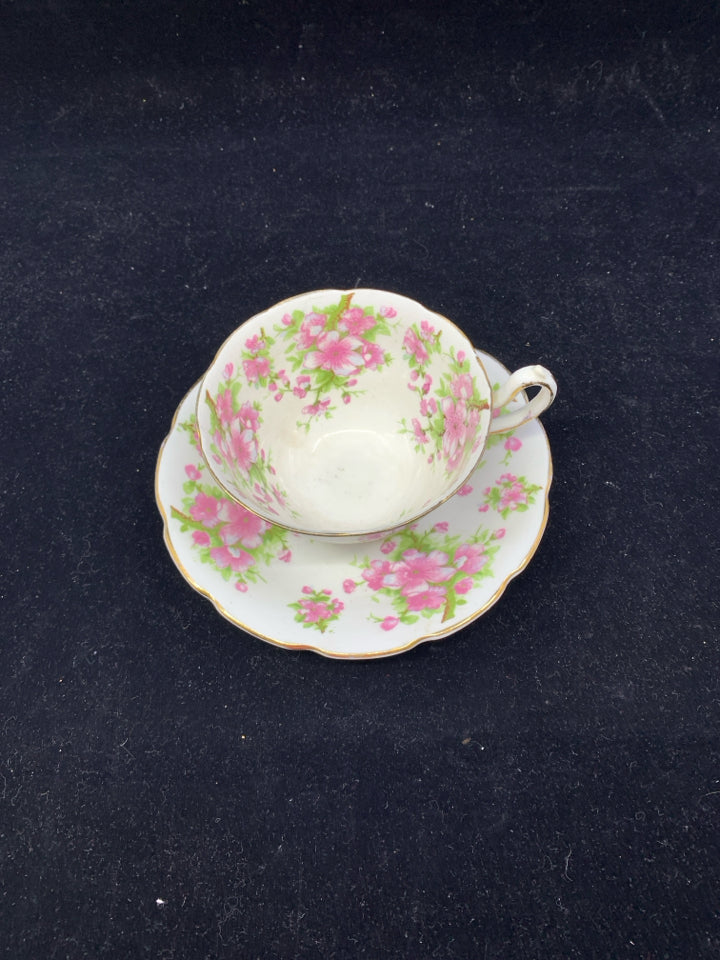 VTG ROYAL STUART PINK FLORAL TEACUP AND SAUCER.