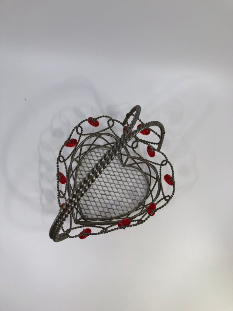 WIRE HEART BASKET W/RED HEARD BEADS.