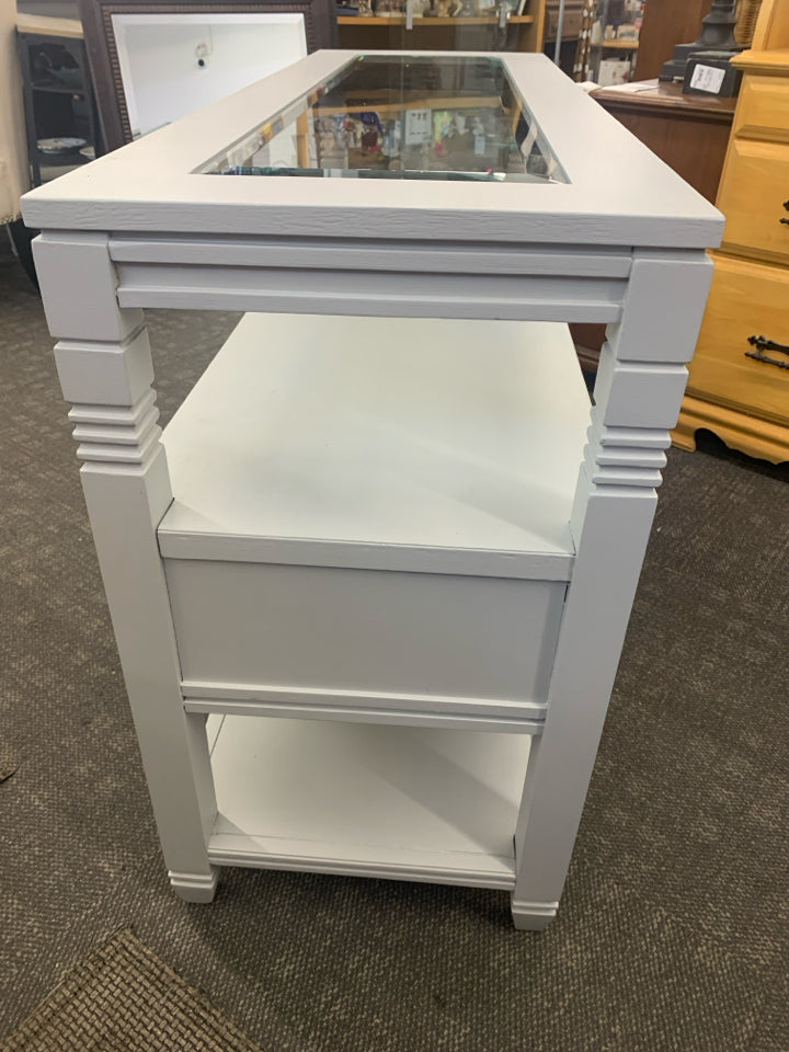 GREY CONSOLE TABLE 2 DRAWERS AND GLASS STOP.