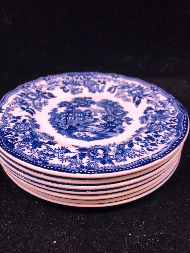 7 VTG BLUE/WHITE LUNCH PLATES.
