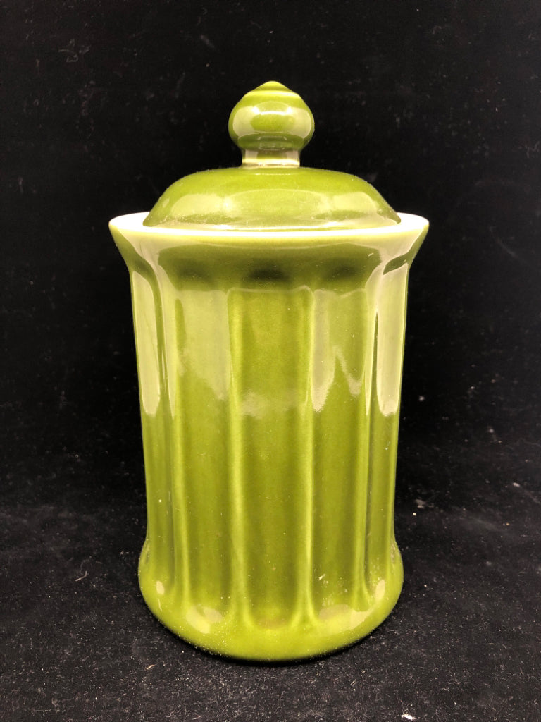 GREEN RIBBED WILLIAM SONOMA CANISTER W LID.