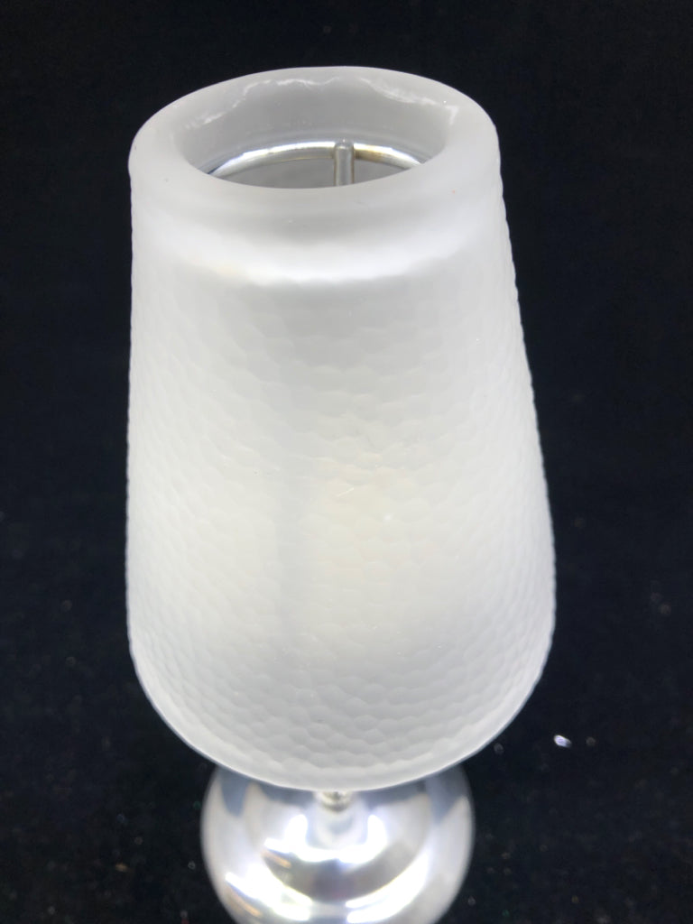 SILVER WITH WHITE FROSTED GLASS SHADE TEA LIGHT HOLDER.