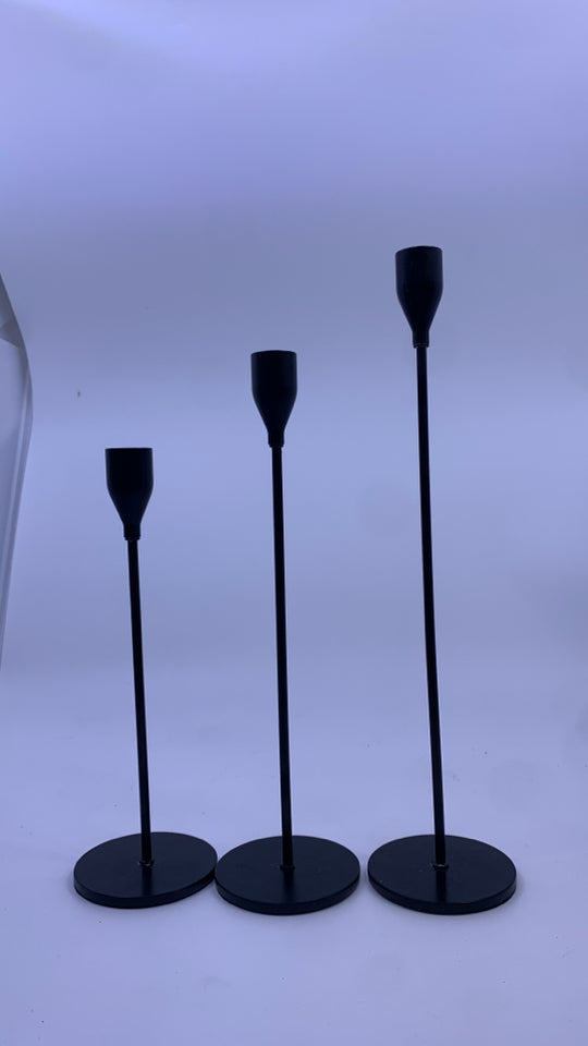 3 BLACK SKINNY BASE TAPER CANDLE HOLDERS.