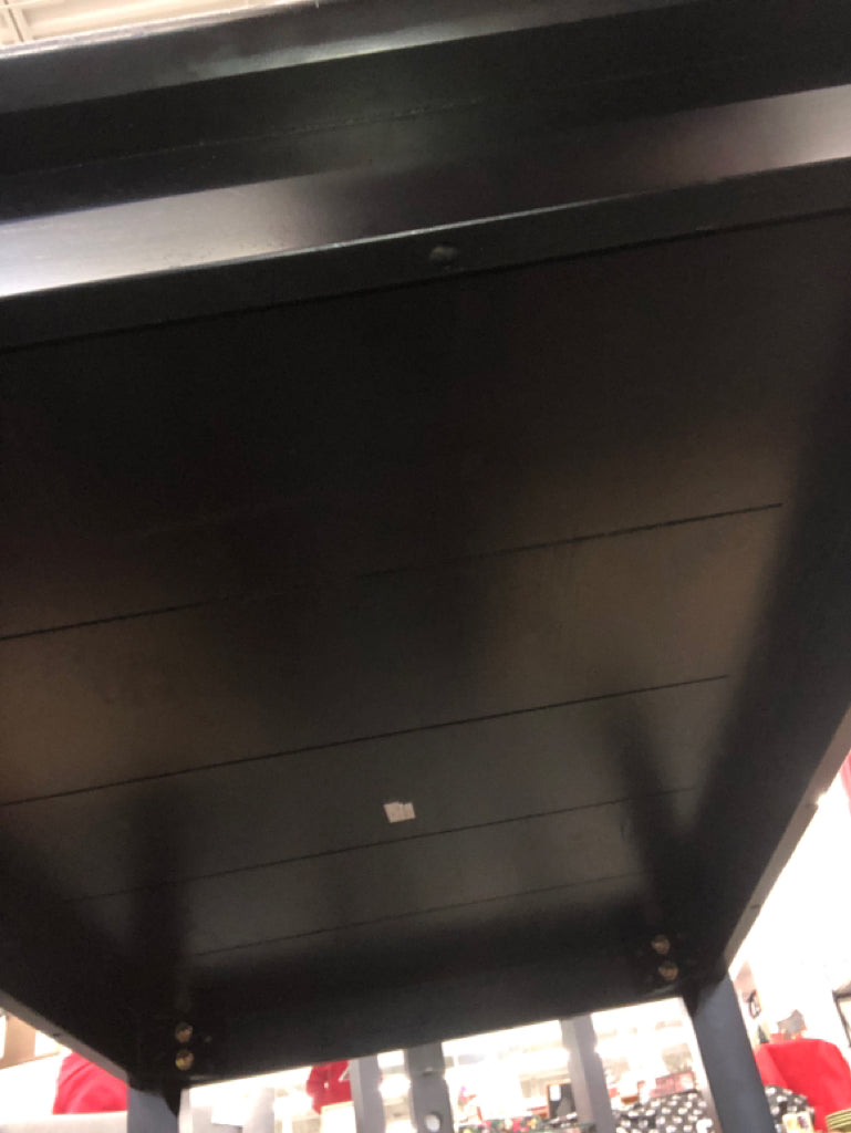 BLACK CONTEMPORARY TABLE & 4 RED CHAIRS W/WICKER SEAT.