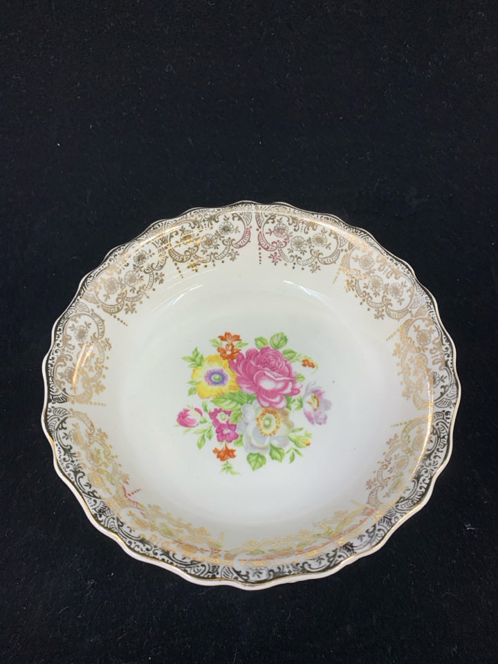 6 VTG DESSERT BOWLS IVORY GOLD DESIGN W/ COLORFUL BOUQUET.