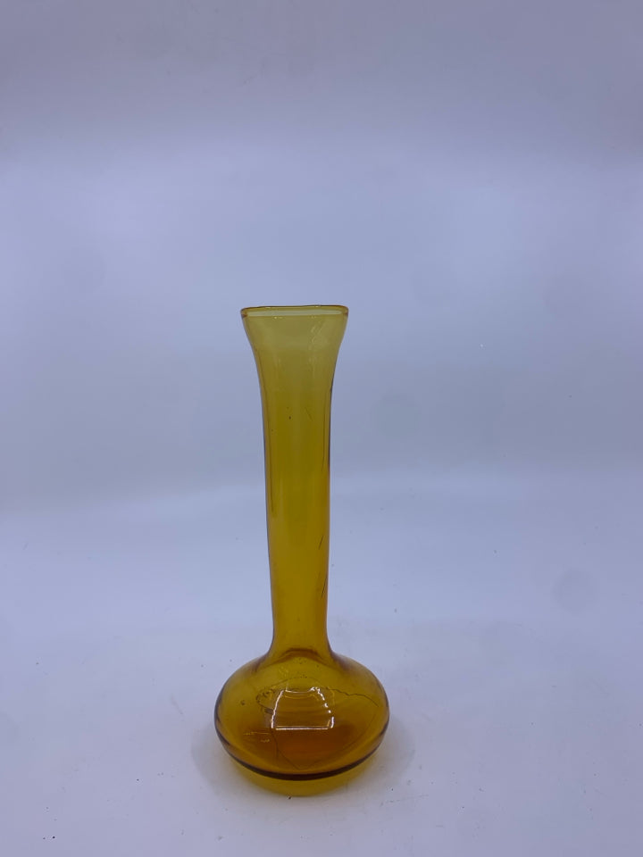 BULB BOTTOM FLARED TOP AMBER GLASS BUD VASE.