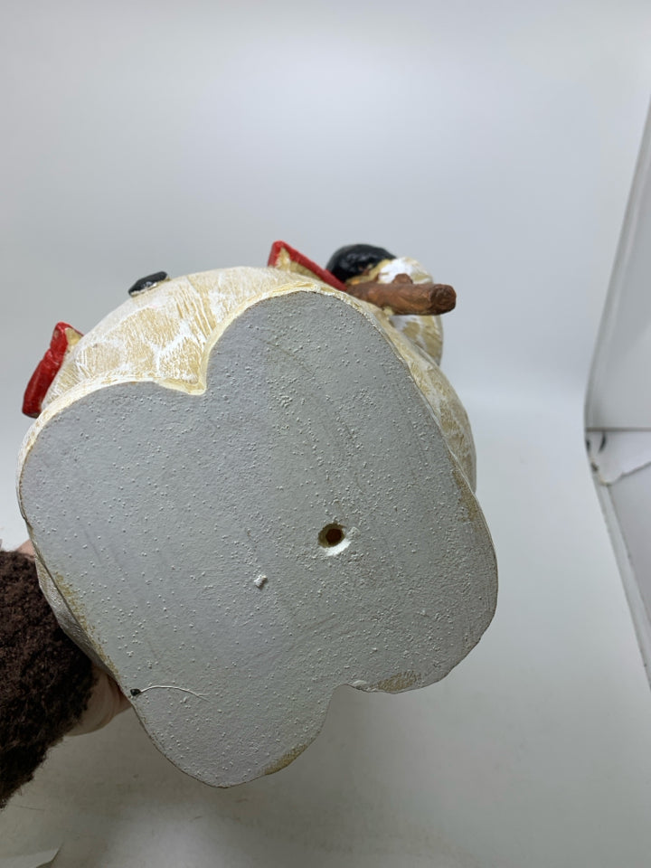 RESIN WAVING DISTRESSED SNOWMAN HOLDING BROOM.