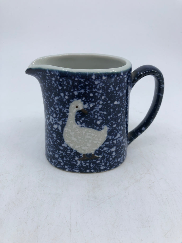 VTG DARK BLUE SPONGE SUG/CREAMER W/ WHITE DUCK.