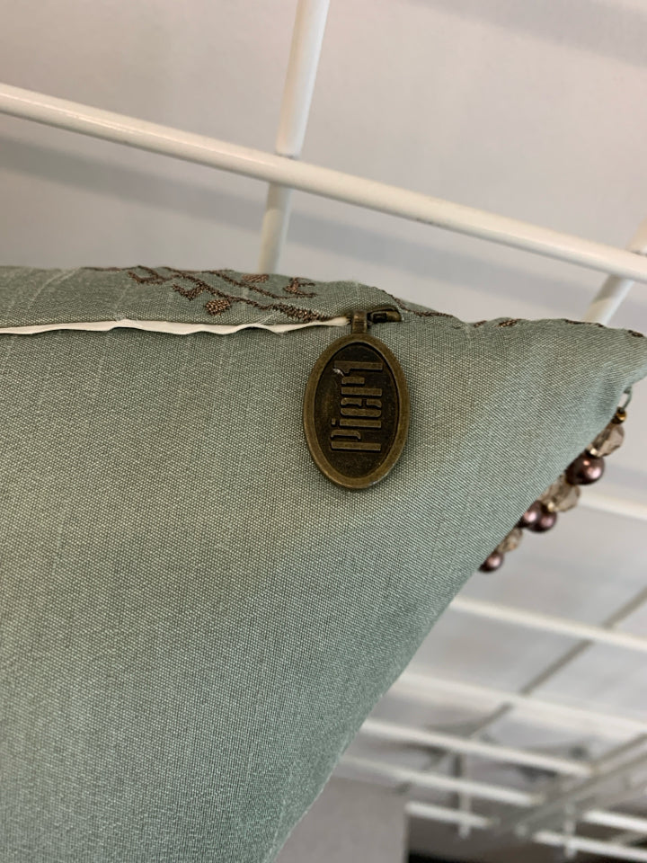 TEAL PAISLEY PILLOW W/BEADED FRINGE.