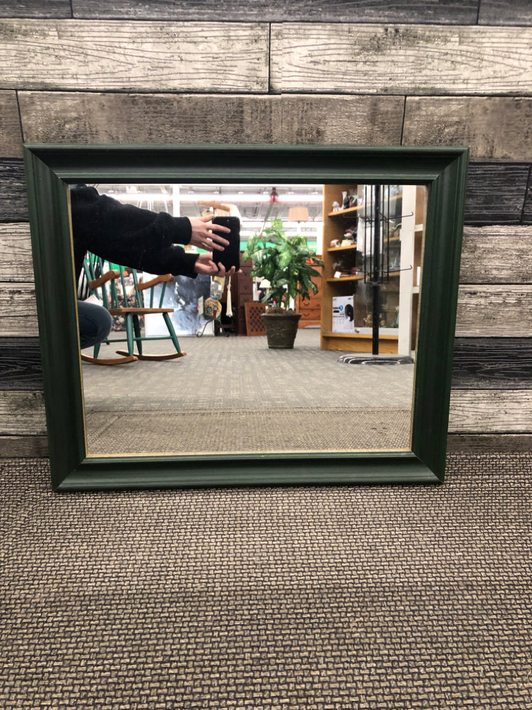 GREEN FRAMED RECTANGLE MIRROR.