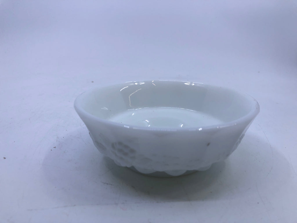 MILK GLASS SHALLOW DISH W/EMBOSSED GRAPES.