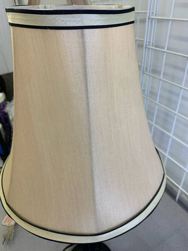 BLACK TABLE LAMP W/CREAM, BLACK STRIPE SHADE.