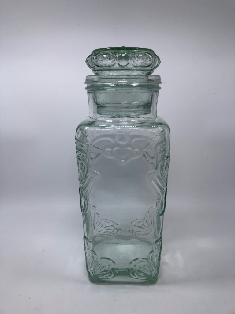 ORNATE EMBOSSED GREEN GLASS CANISTER W/LID.