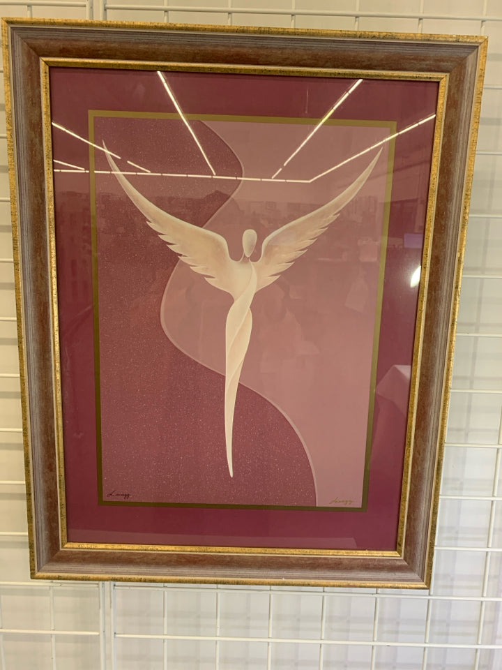 WHITE ANGEL MAUVE/PINK BACKGROUND GOLD DISTRESSED FRAME WALL HANGING.
