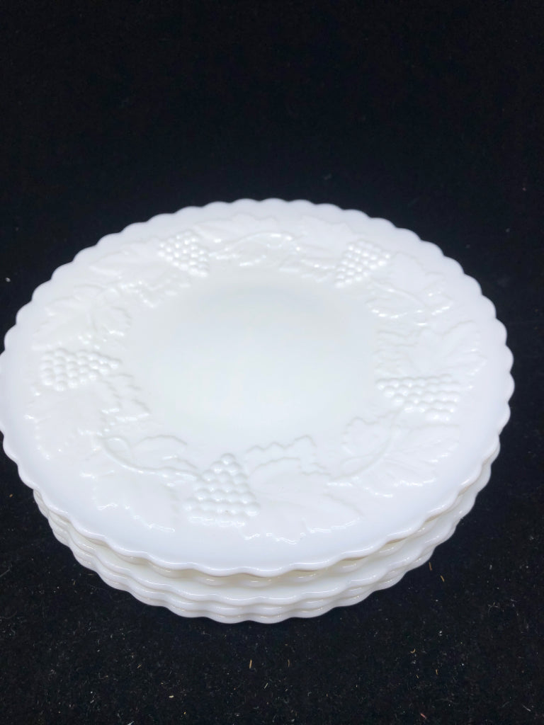 6 VTG MILK GLASS GRAPE EMBOSSED DESSERT PLATES.