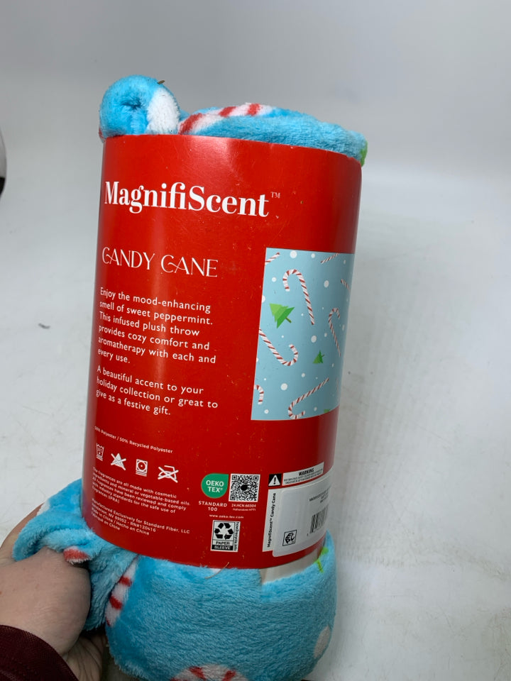 NIP BLUE CANDY CANE PATTERN PLUSH THROW.