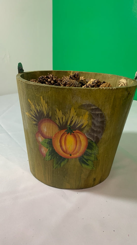 WOOD GREEN BUCKET W/ PAINTED PUMPKIN W/ FILLER INSIDE.