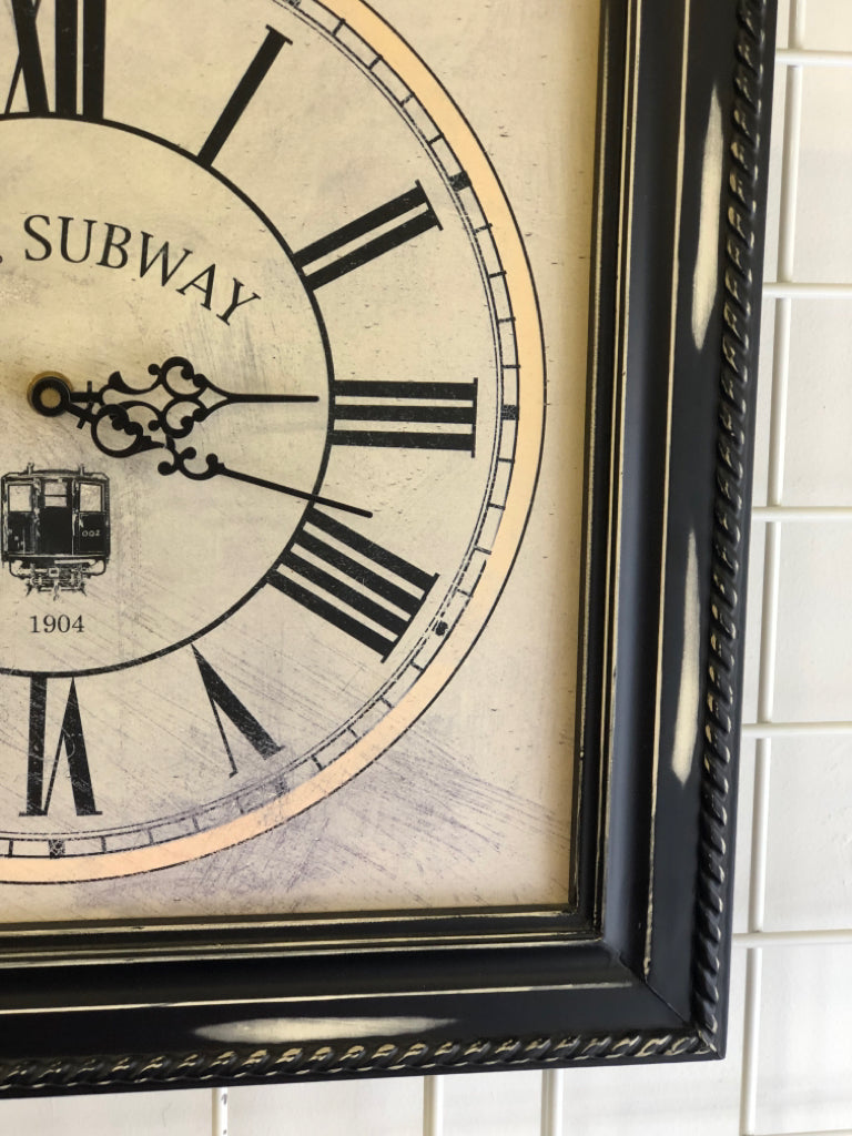 SQUARE BLACK DISTRESSED WALL CLOCK NYC SUBWAY.