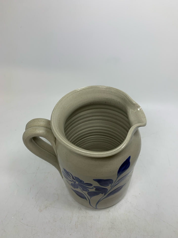 HEAVY DARK BLUE PAINTED FLOWER POTTERY PITCHER.