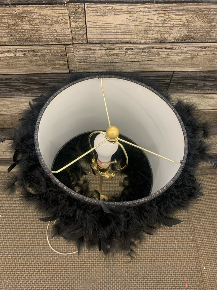 SKINNY BASE LAMP W BLACK FEATHER SHADE.