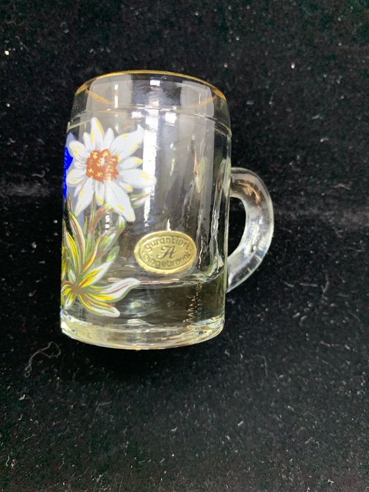 MINI GLASS STEIN W/PAINTED FLOWERS.