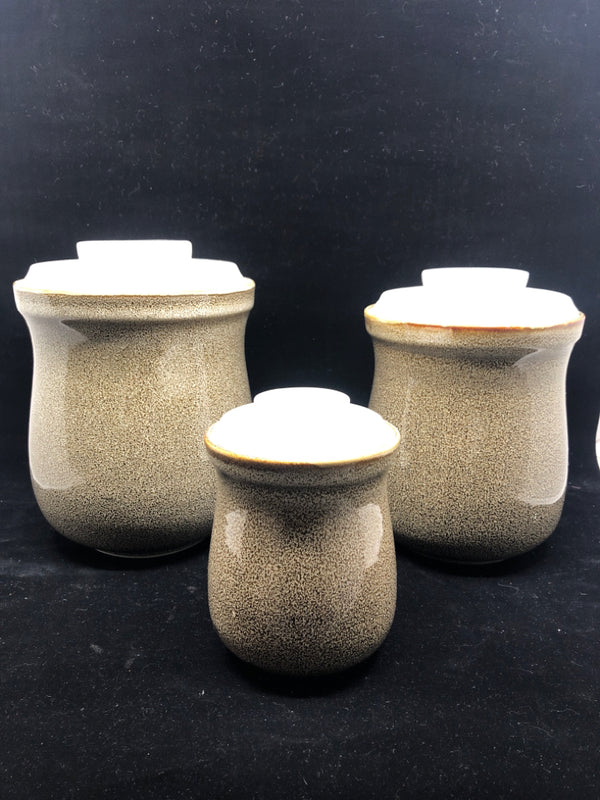 3 BROWN SPECKLED PATTERN CANISTERS.