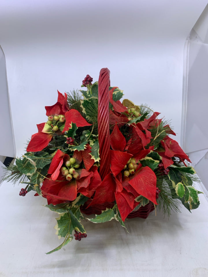 FAUX HOLLY IN RED BASKET.
