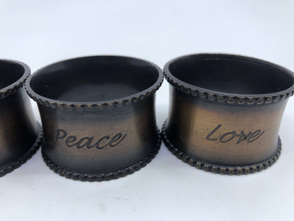 4 BLACK BROWN METAL NAPKIN RING HOLDER W SCRIPT.