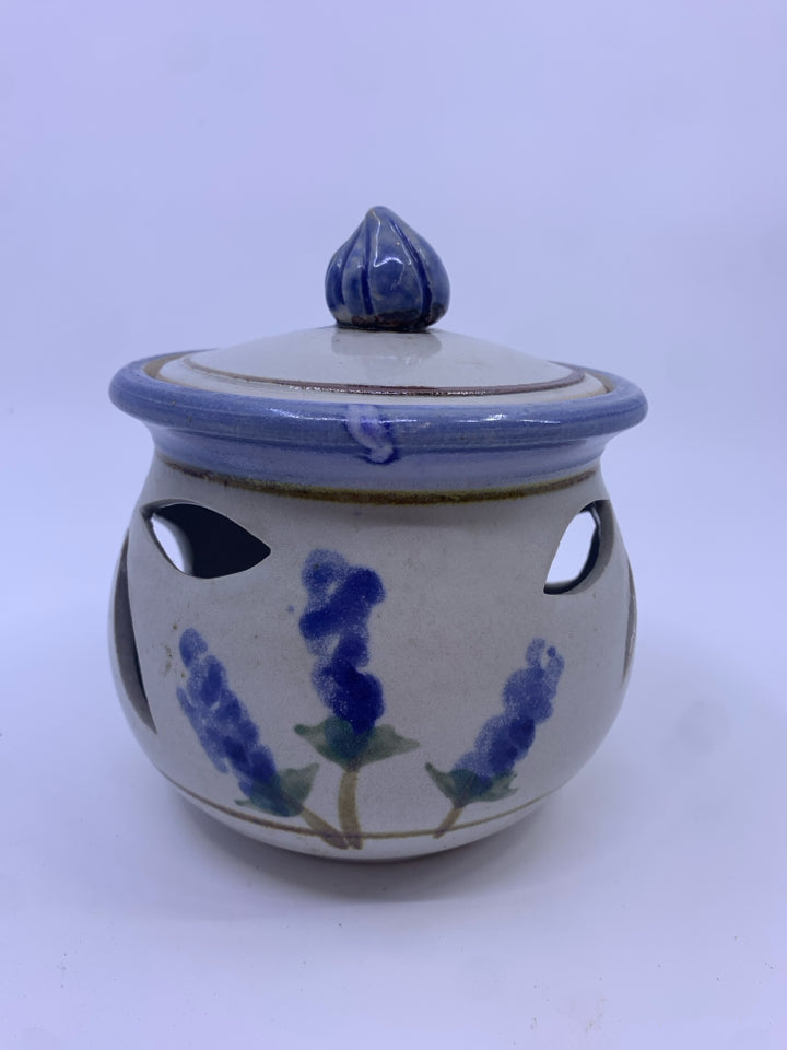 PAINTED LAVENDER PIERCED GARLIC CANISTER GREY/BLUE SALADO POTTERY.