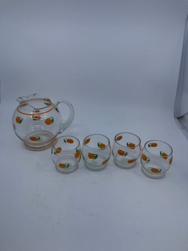 5PC VTG ORANGE PAINTED PITCHER W 4 CUPS.