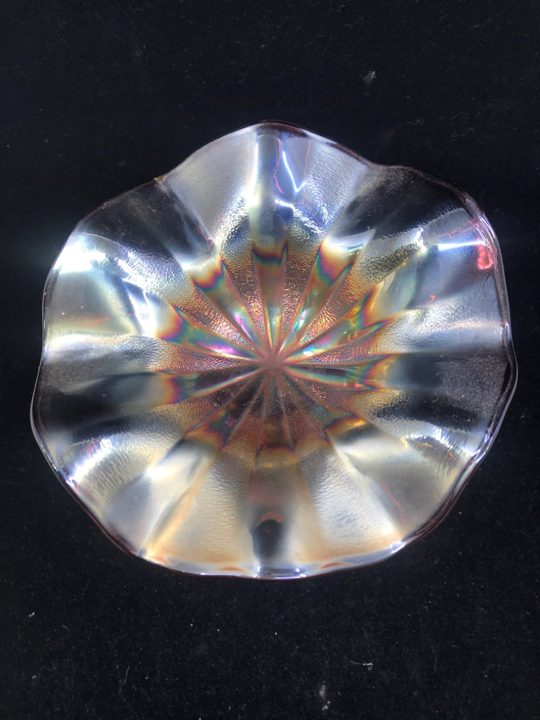 VTG METAL BASE IRIDESCENT WAVY TOP CANDY DISH.