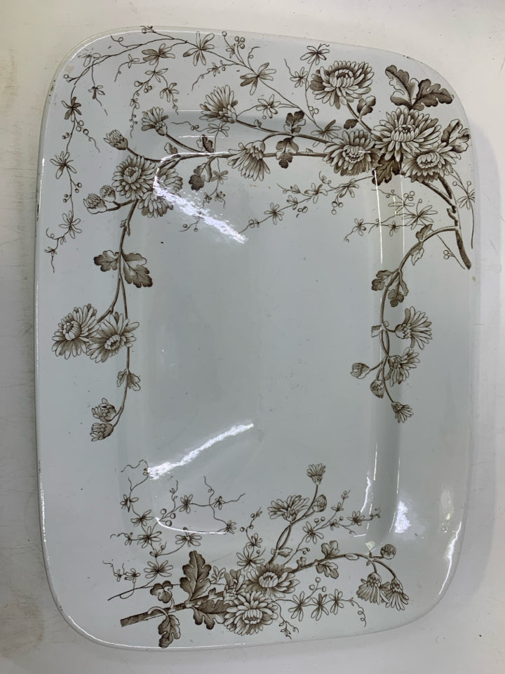 VTG SPRING BROWN FLOWERS RECTANGLE PLATTER.