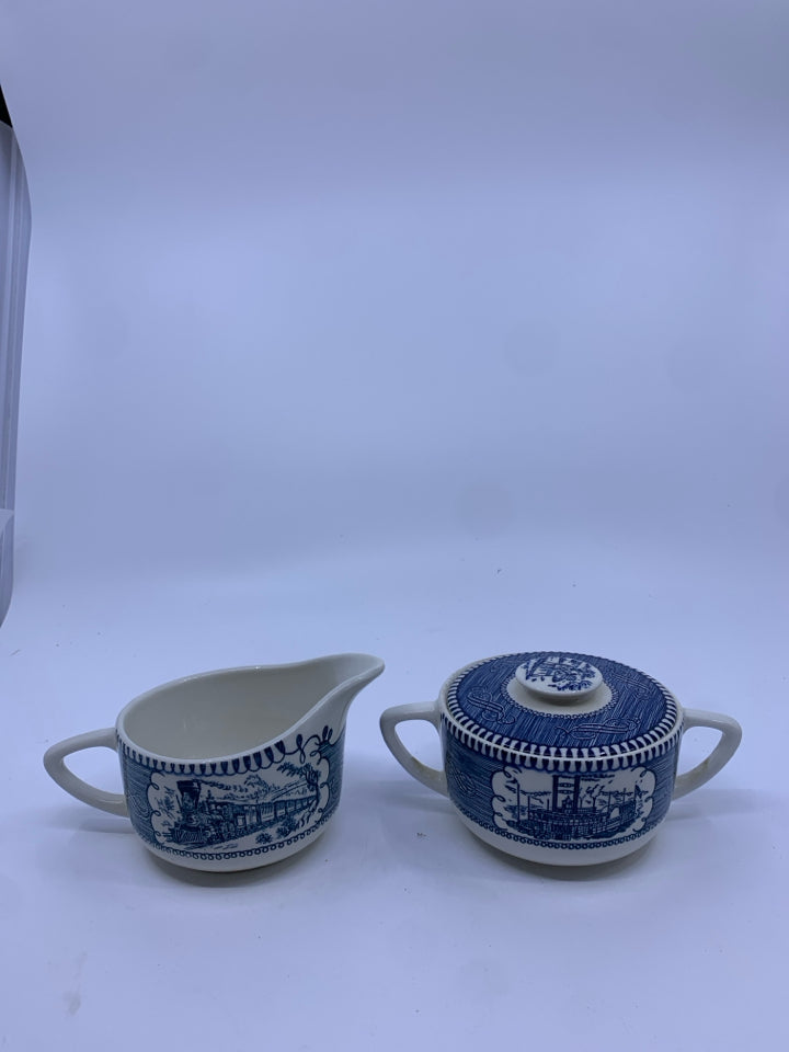 VTG BLUE AND WHITE TRAIN SCENE SUGAR AND CREAMER.