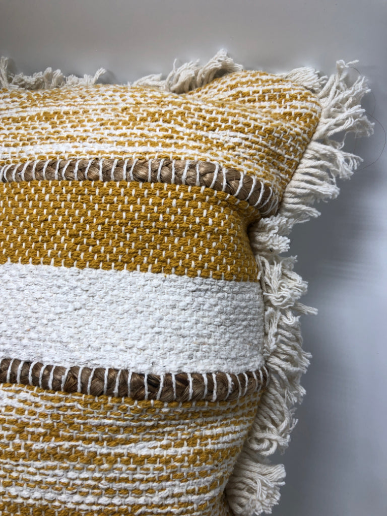 YELLOW THREADED PILLOWS W/FRINGE.