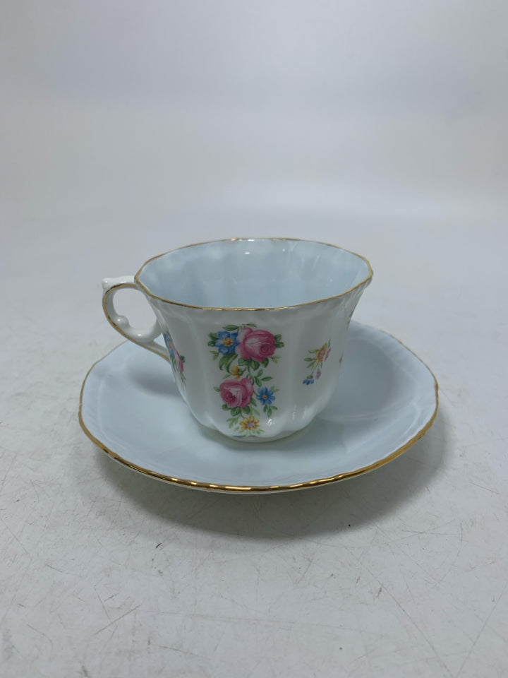 PINK/BLUE FLOWERS W/ GOLD RIM.