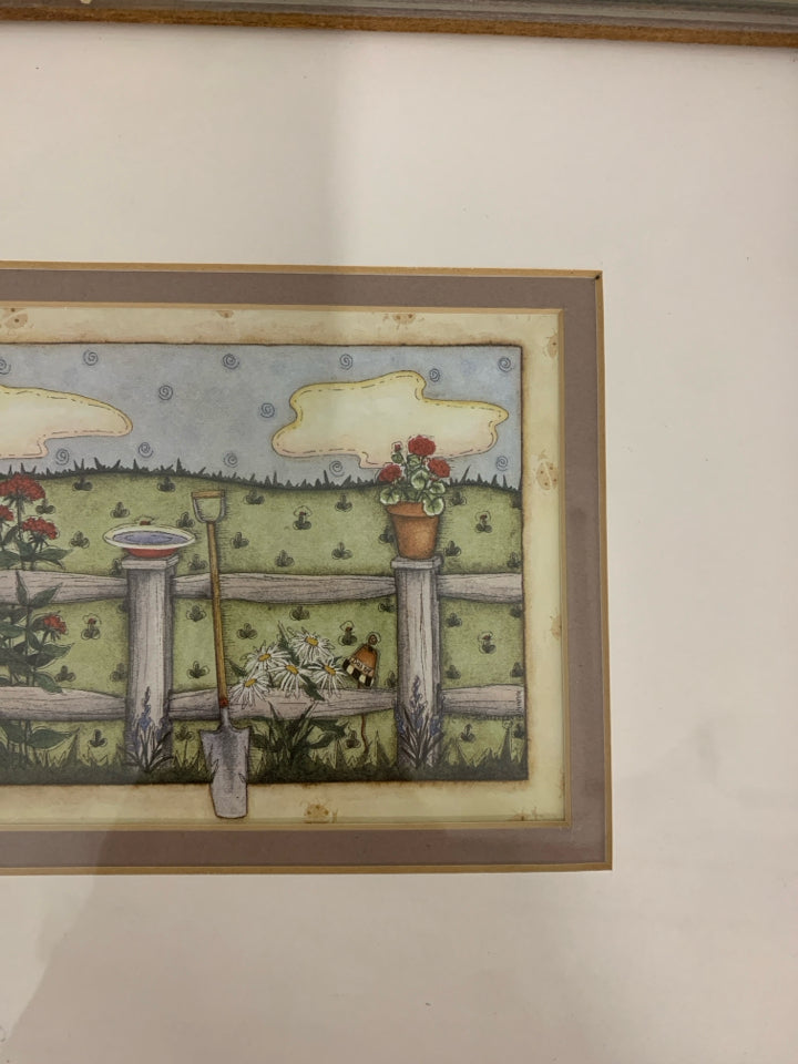 FENCE W/ PLANTS,WATERING CAN,BIRD HOUSE PRIMITIVE STYLE WALL ART.