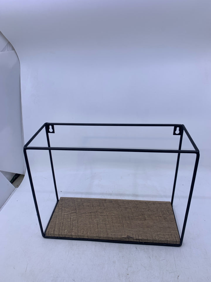 SQUARE METAL CAGE SHELF W/ WOOD BOTTOM.