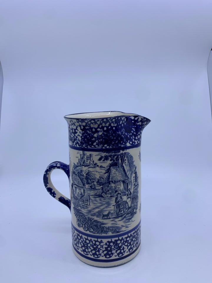 VTG BLUE VILLAGE SCENE PITCHER.