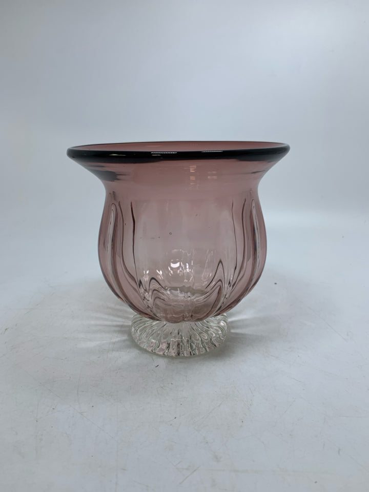 CLEAR GLASS FOOT W/ PURPLE FLARED TOP HEAVY CANDLE HOLDER.