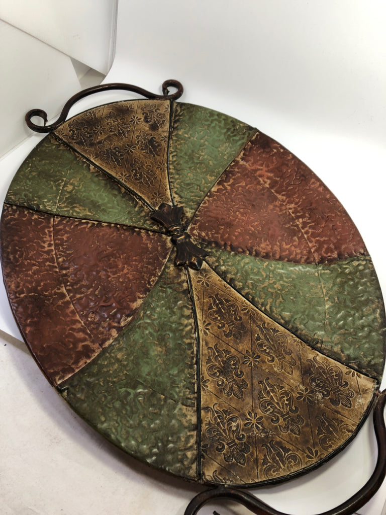 GREEN/RED HAMMERED COPPER TRAY W/HANDLES.