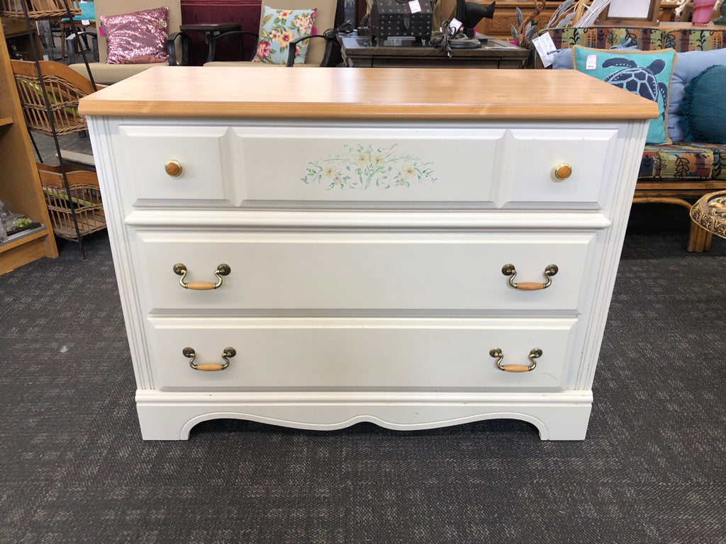 PAINTED FLORAL WOOD-TOP WHITE DRESSER *BOTTOM DRAWER SLIDE BROKEN.