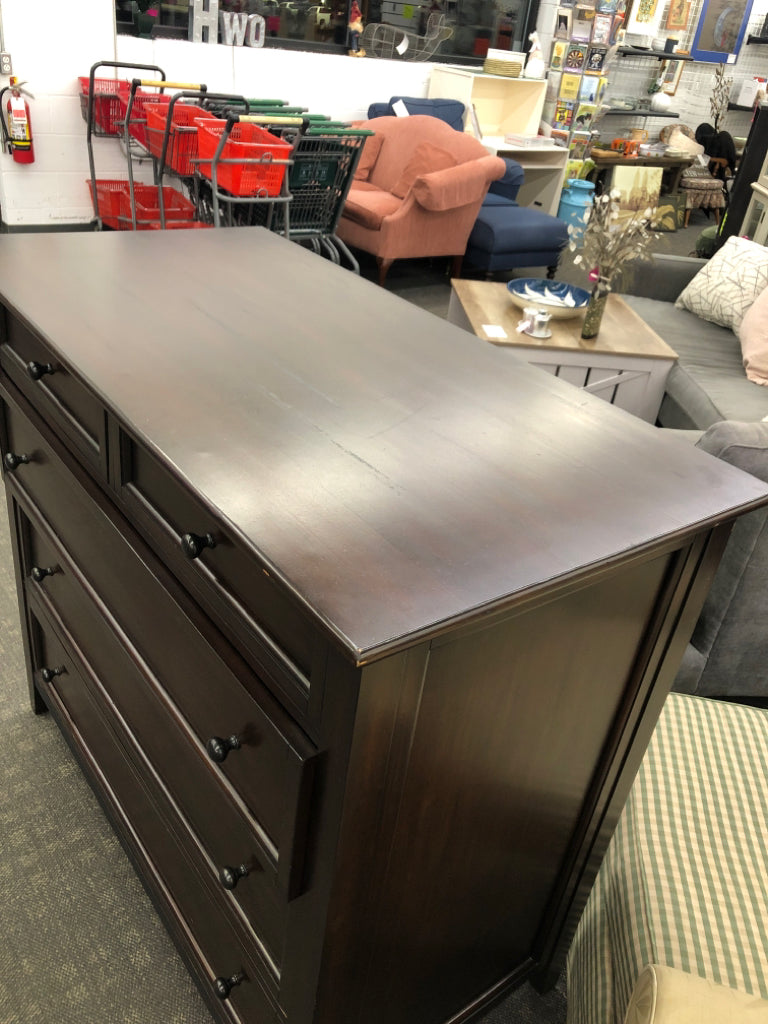 HEAVY DARK WOOD DRESSER W/ 3 LARGE DRAWERS & 2 SMALL DRAWERS.