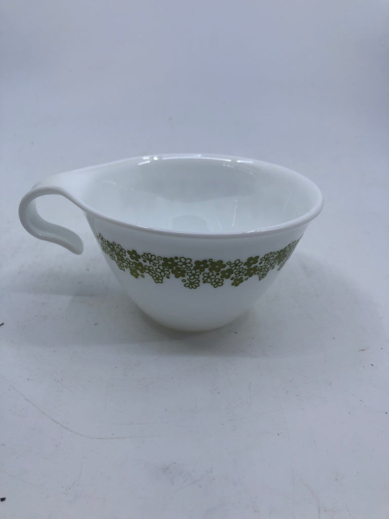 6 CORELLE GREEN FLOWER CUPS W/ CURVED HANDLE.