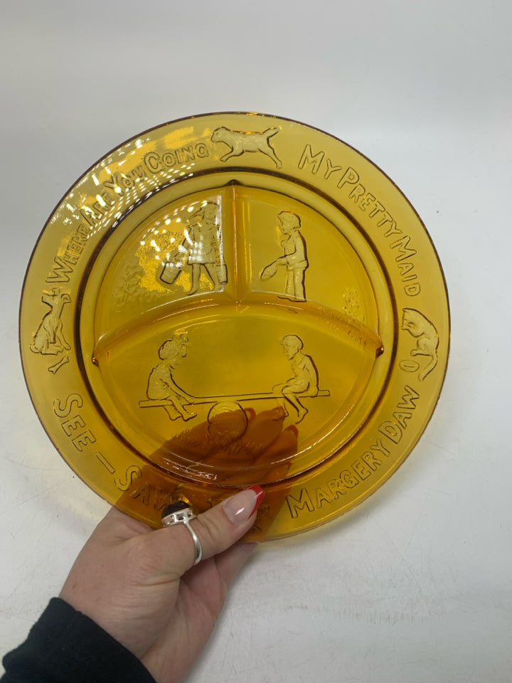 VTG DIVIDED GLASS NURSERY RHYME SEE SAW MARGERY DAW PLATE.