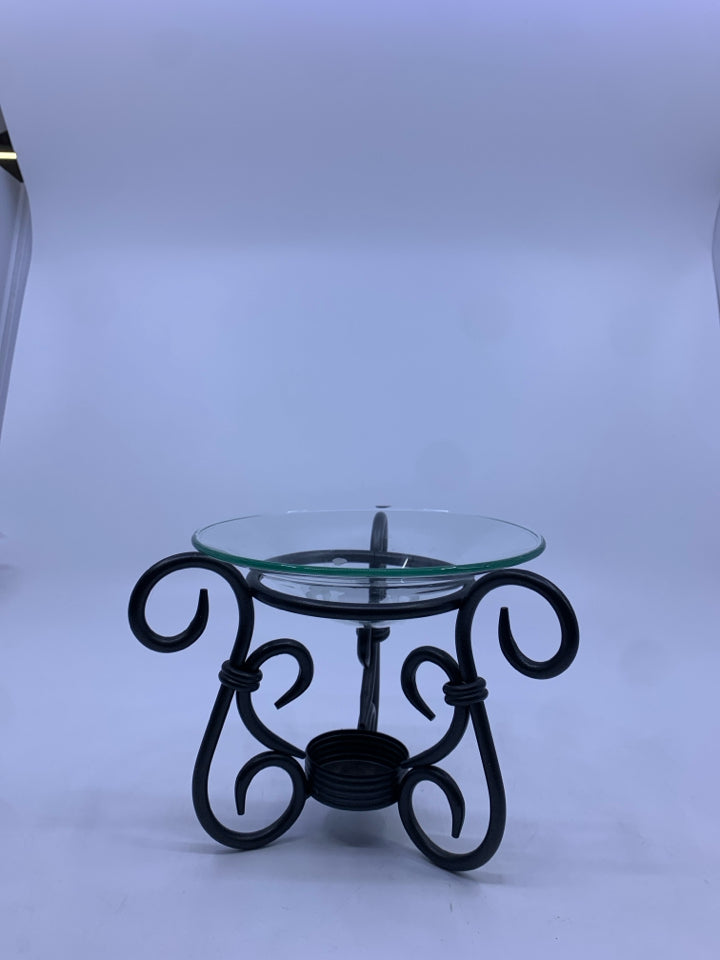 BLACK METAL SCROLL OIL CANDLE WARMER.