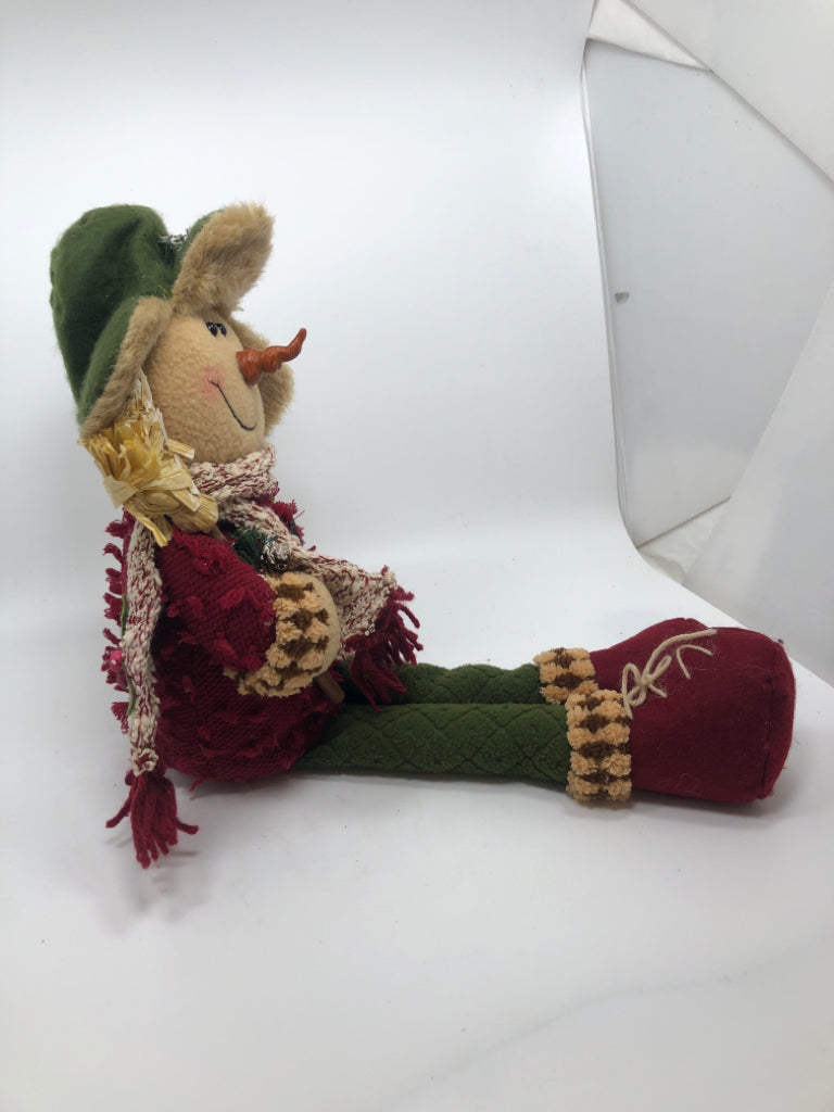 SITTING PLUSH SNOWMAN GREEN HAT/PANTS RED SWEATER.