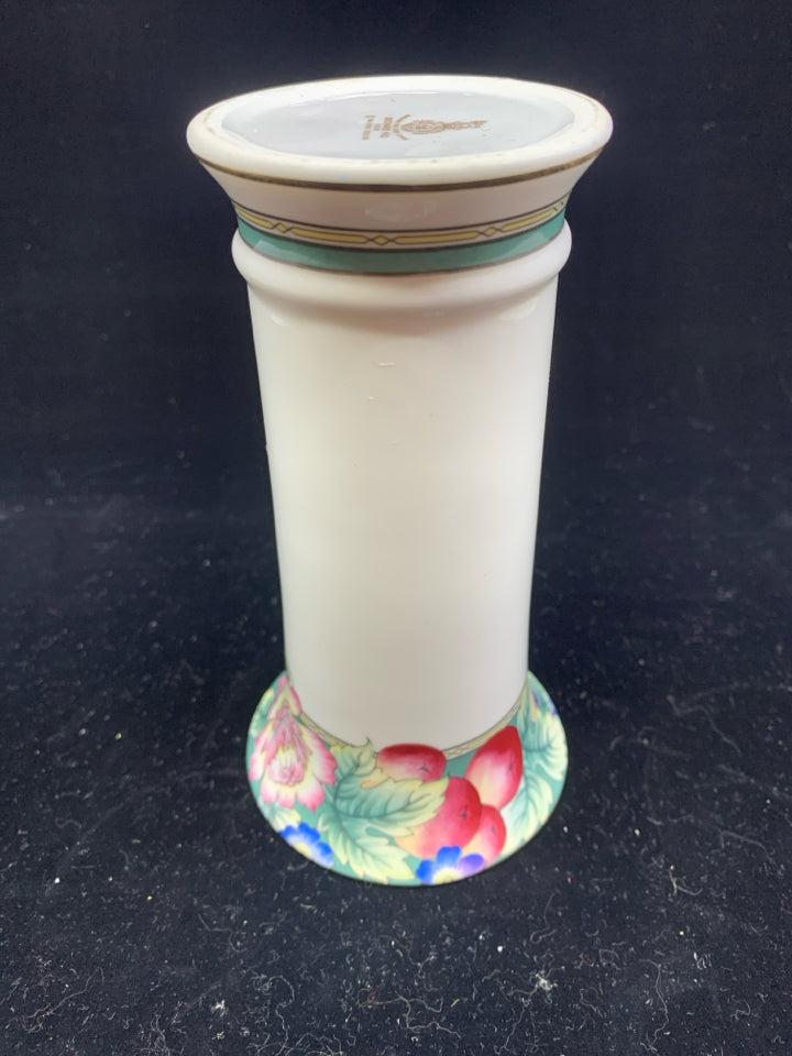 WHITE SKINNY VASE W FLARED TOP W FRUIT AND FLORAL.