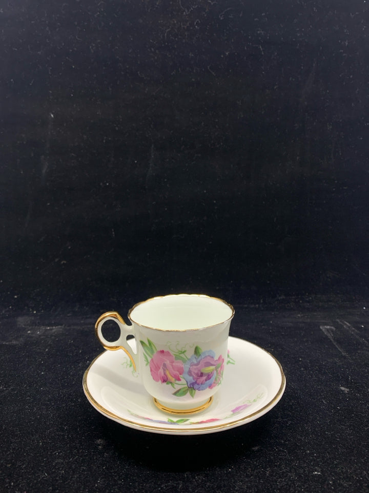 VTG TEA CUP/SAUCER PINK,PURPLE,BLUE FLOWERS.